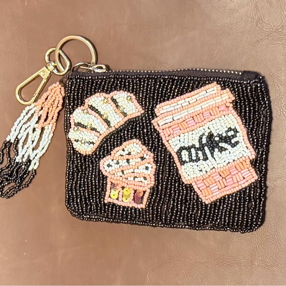Beaded Brown, pink & cream Coin/keychain w/coffee mug, croissant and cupcake